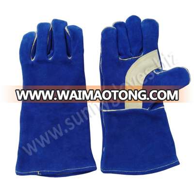 Newest Reinforced Men Cheap Blue cow split leather welding gloves