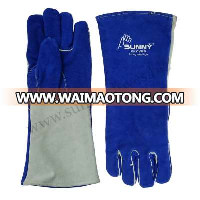 Blue cow split leather Reinforced palm welding work gloves WG-Si-709-BLG